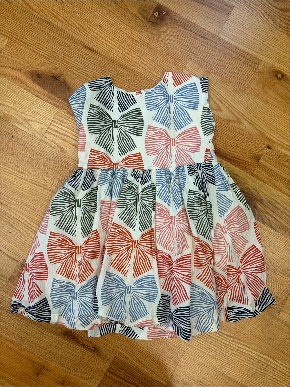Pink Chicken White Cotton Dress with Blue, Red and Green Bows